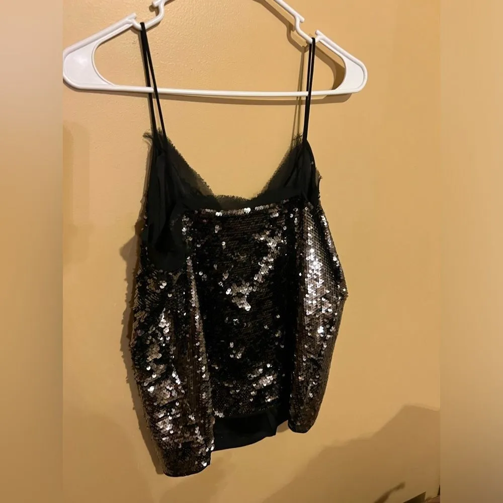 WDNY Cami Sequin Party Top Spaghetti Straps V Neck Size M Metallic NWT Black Size M - Image 13