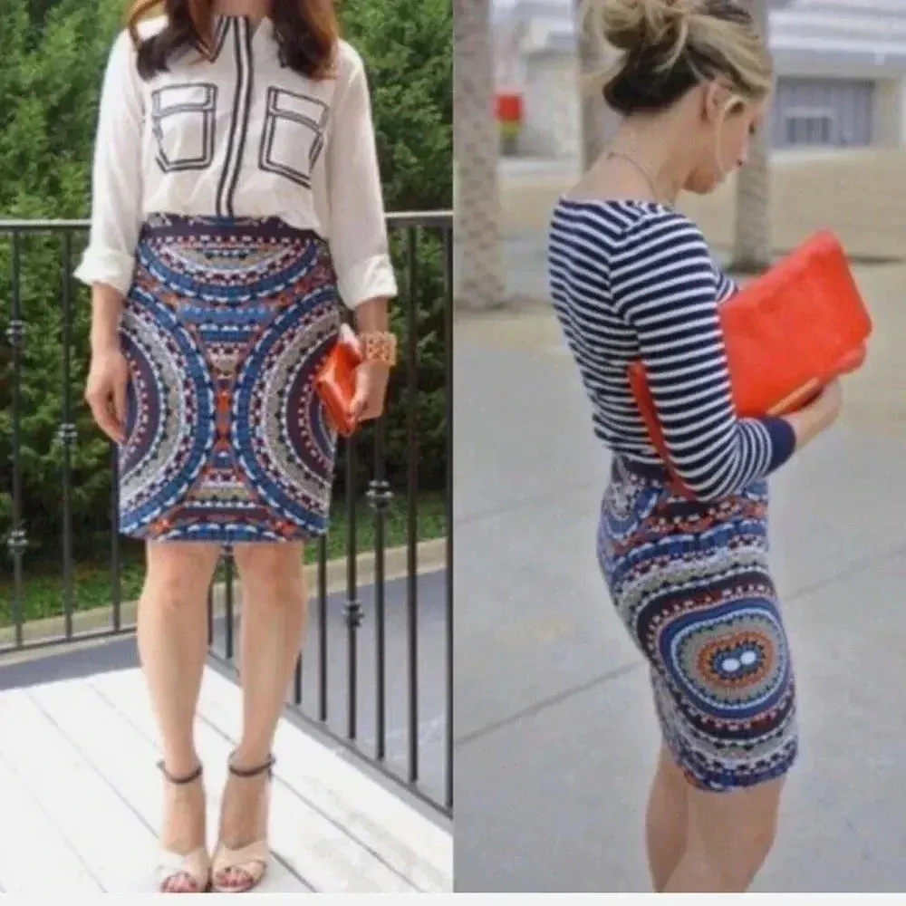 Anthropologie Tabitha Pencil Skirt Size 4 Small Olmeda Blue Orange Mosaic Print - Image 8