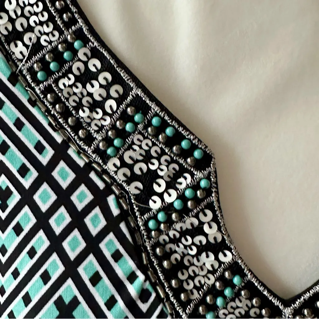 Plus Size Y2K Geometric Beaded V-Neck Midi Sheath Dress Flowy Mermaid Chevron - Image 2