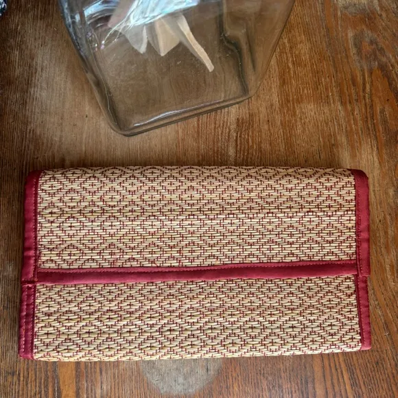 Vintage Woven Straw and Silk Clutch Purse – Boho Summer‎ Bag festival unique Tan - Image 2