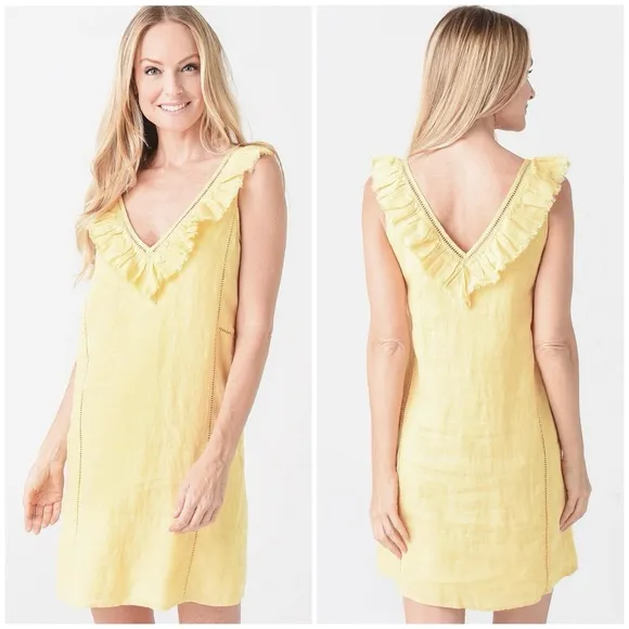FAHERTY Ellis Yellow Organic Linen Eyelet Ruffle Summer Shift Dress Size Small - Image 2