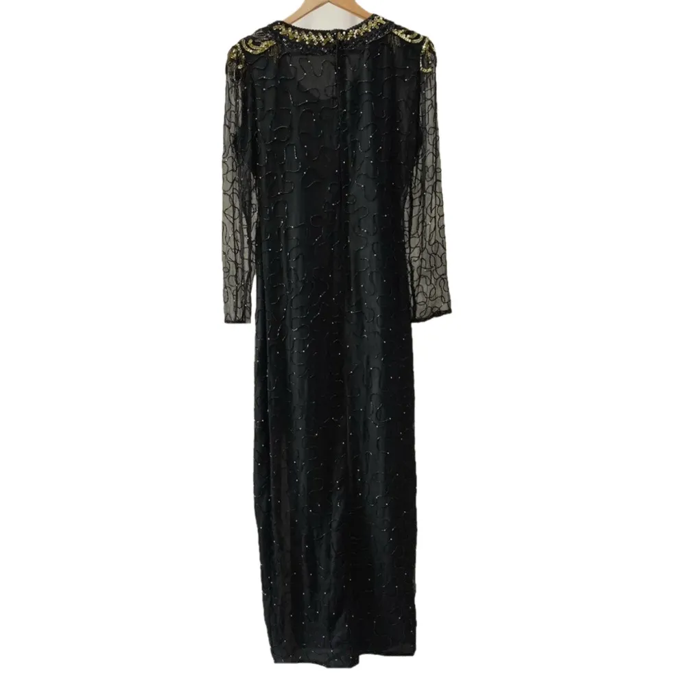 Vintage silk Laurence Kazar beaded maxi dress size XXL black lined evening gown - Image 3