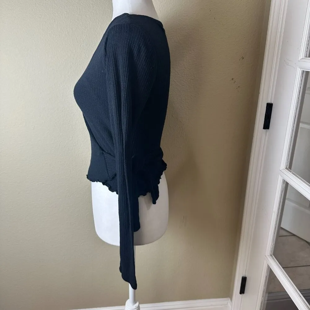 ABERCROMBIE & FITCH Lettuce Edge Ribbed Wrap Tie Sweater Top Size XS Black - Image 5