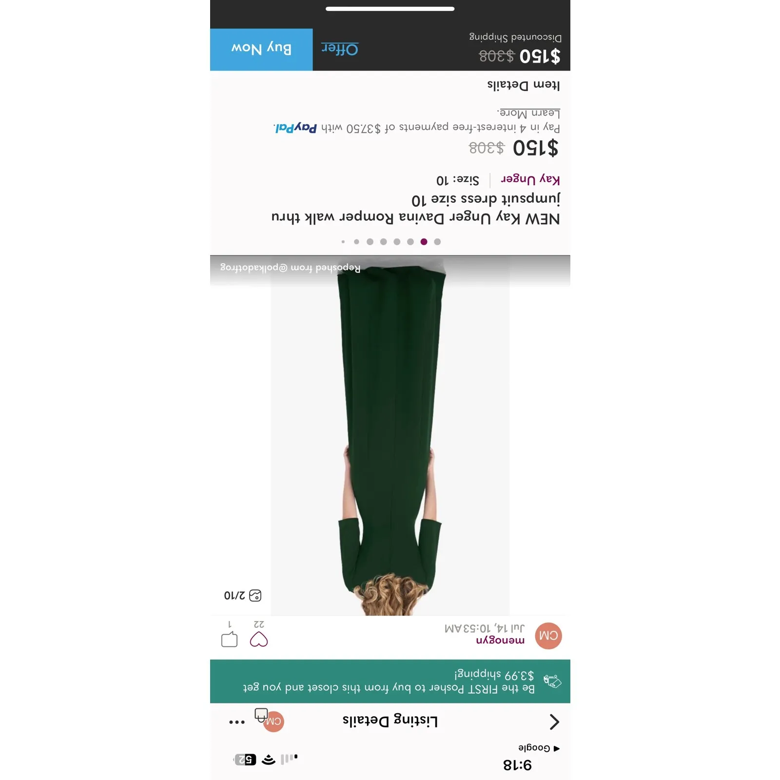 NWT NEW Kay Unger Davina Romper walk thru jumpsuit dress geek size 14 formal Green - Image 13