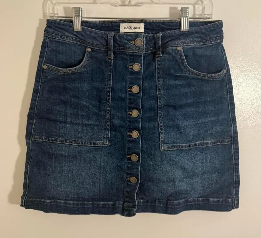 BLACK LABEL by C EST TOI Denim Button Front Mini Skirt Dark Wash Size L Size L - Image 1