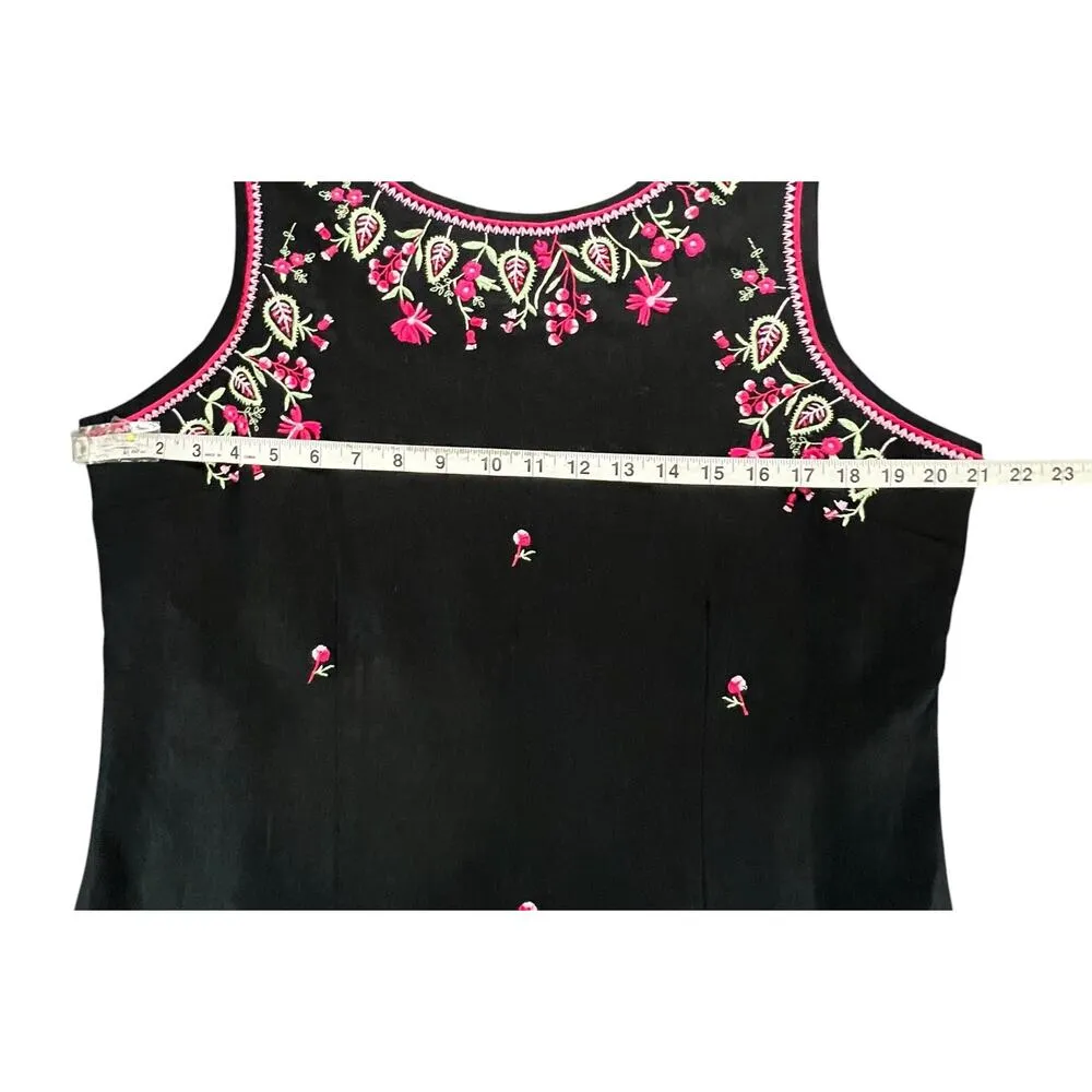Vintage Citi Dress Womens 16 Black Embroidered Floral Linen Blend Slit Folk Boho - Image 8