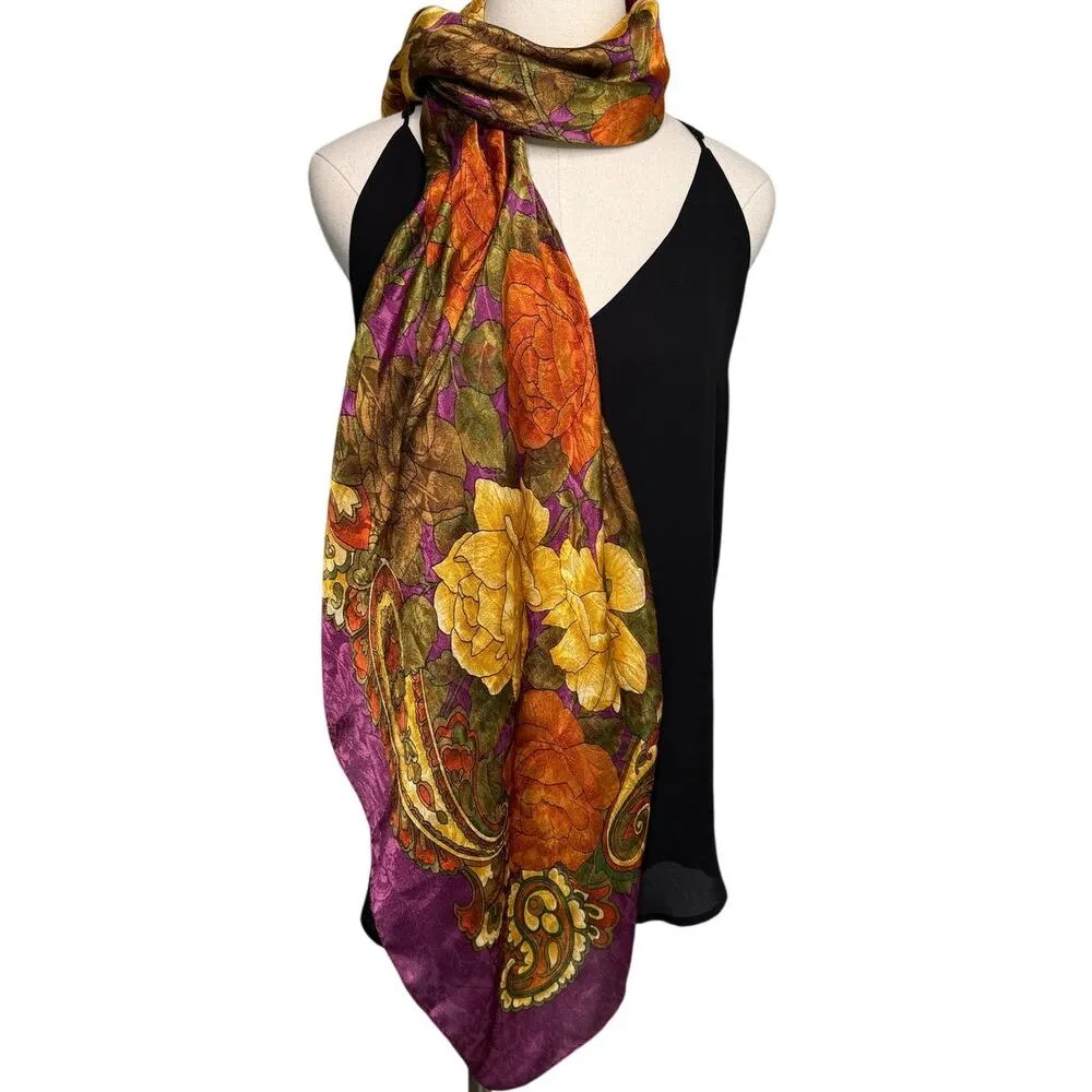 Vintage Worthington XL Italian jacquard satin paisley floral scarf wrap 46” sq Purple - Image 5