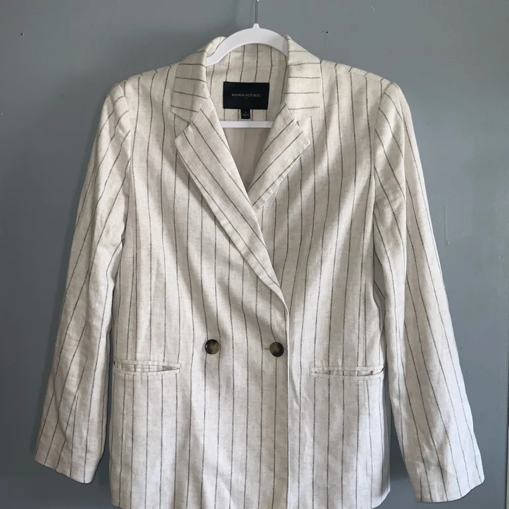 Banana Republic Tan With Black Stripes Blazer Linen Double Breasted Blazer 4 - Image 2