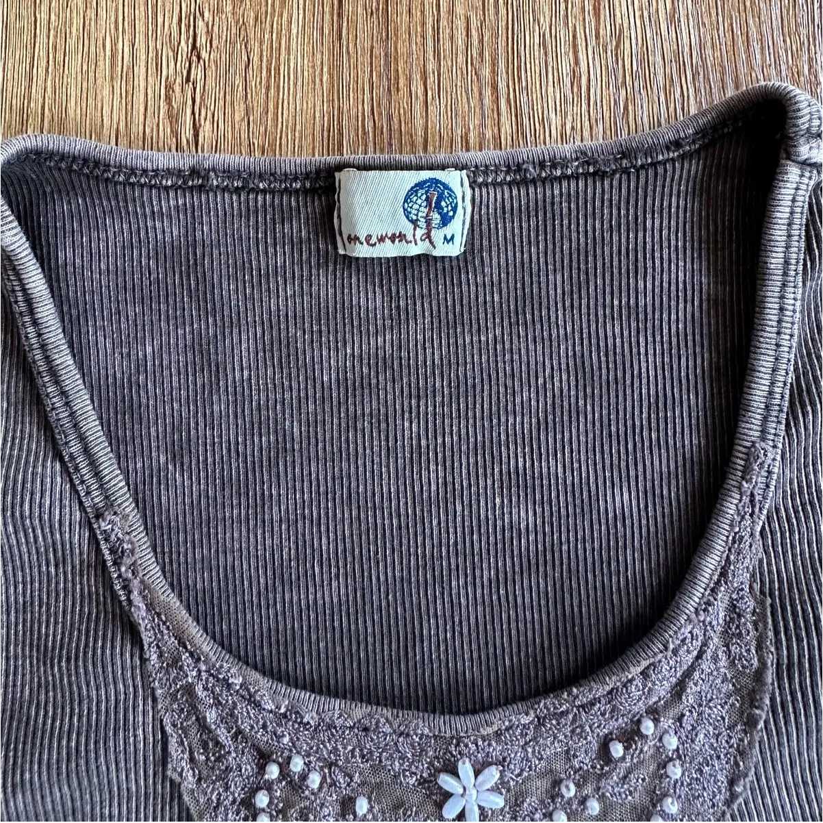 Vtg One World Beaded Acid Washed Brown Blouse Size Medium - Image 2