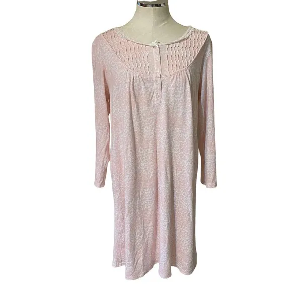 Miss Elaine Floral Print Loungewear Sleep Dress 3/4 sleeve Pink White medium - Image 12