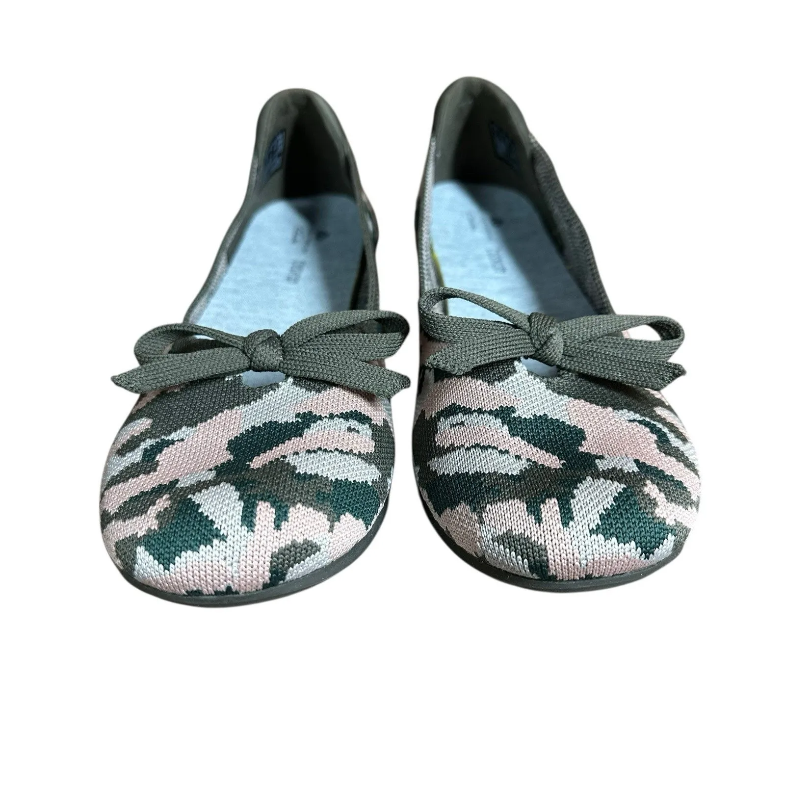 Clarks Cloudsteppers Knit Bow Flats Carly Hope Olive Green Pink Camouflage 8.5 - Image 7