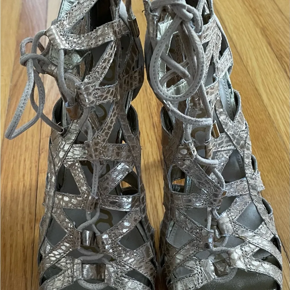 Sam Edelman Essex beige gold lace up leather suede high heels sandals, size 7.5 - Image 7