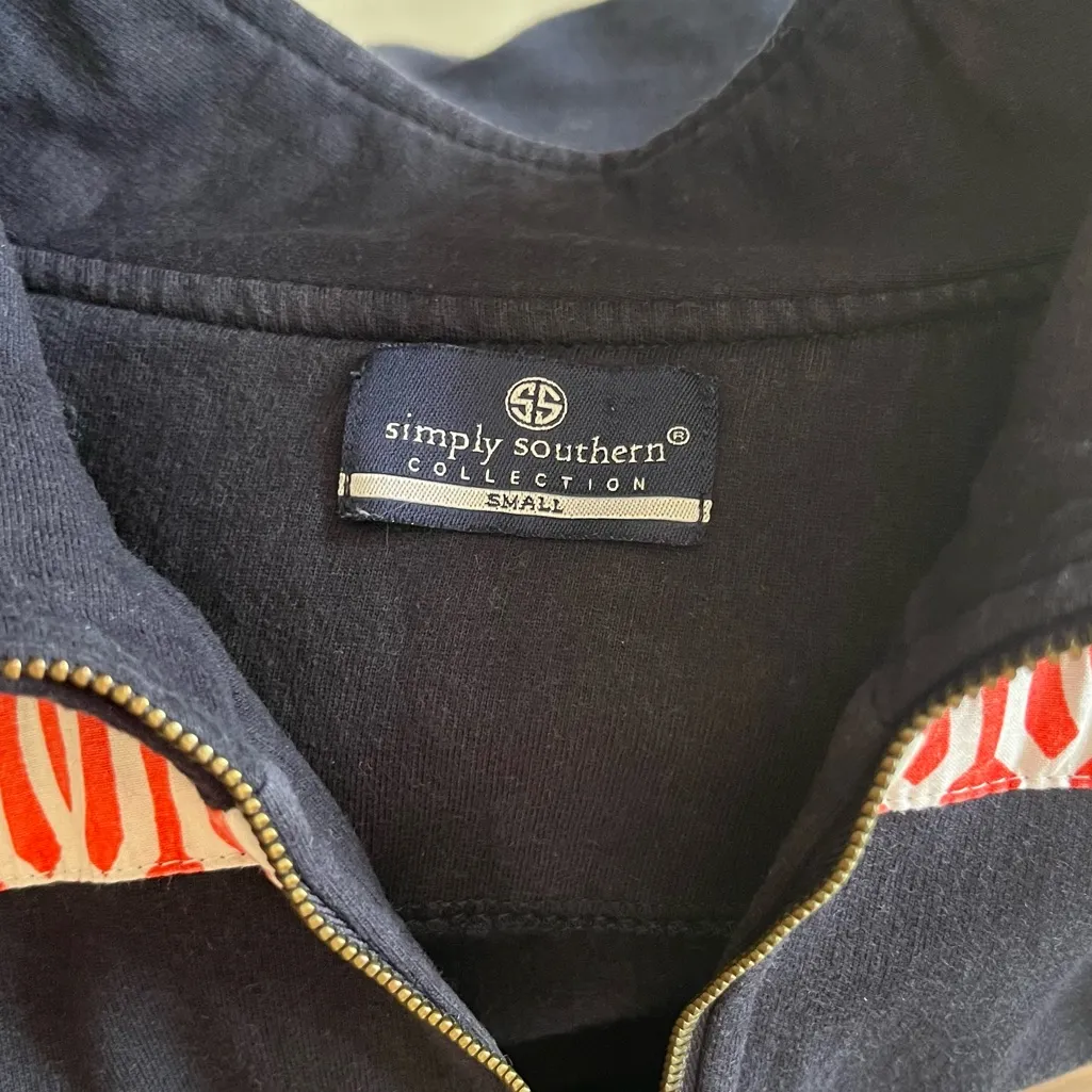 Simply‎ Southern Sweater Women Blue Small Zip Up Pullover Elbow Patch Spellout - Image 7