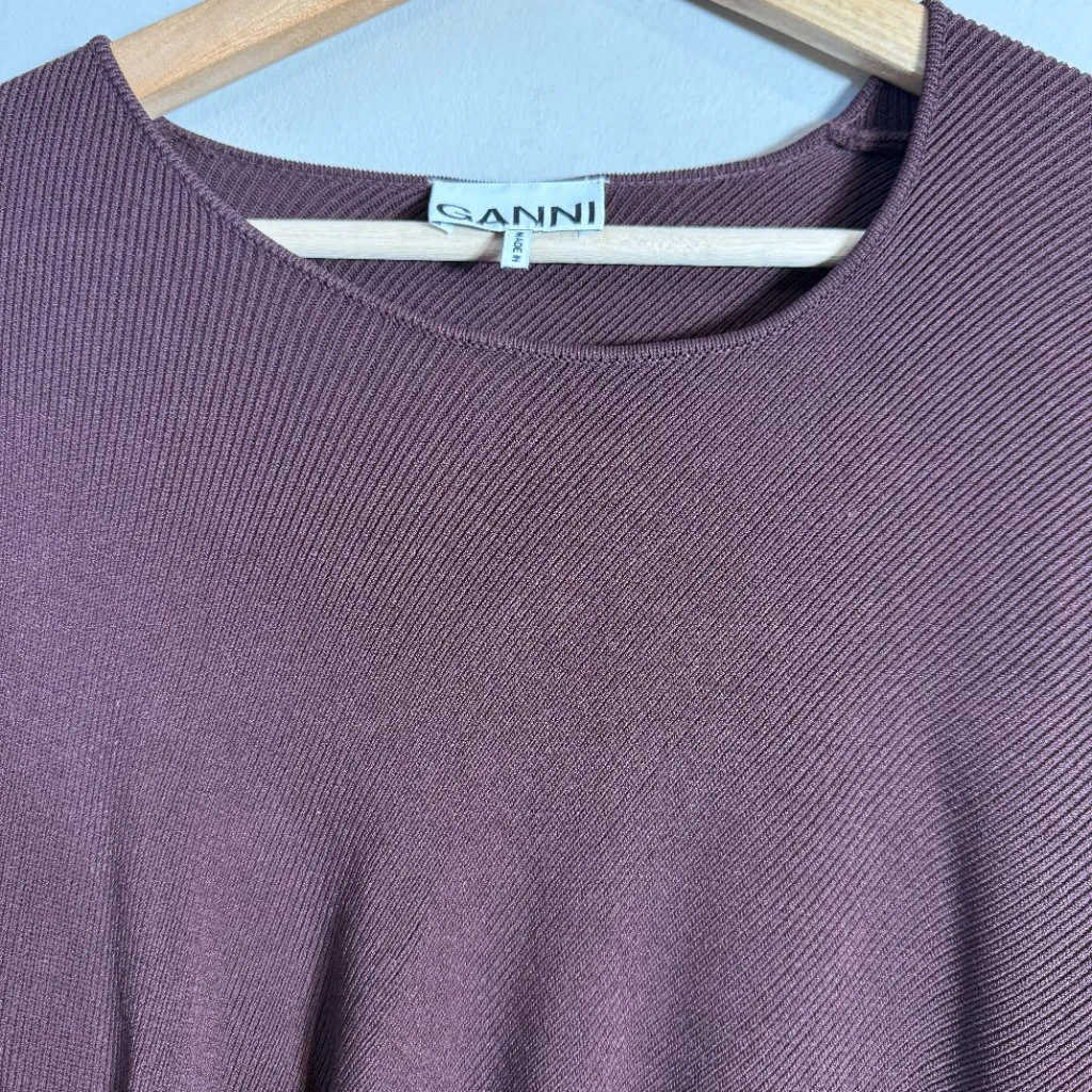GANNI Rib Knit Asymmetrical Mini Dress Women's XL Burgundy Ruched Designer NWOT - Image 10