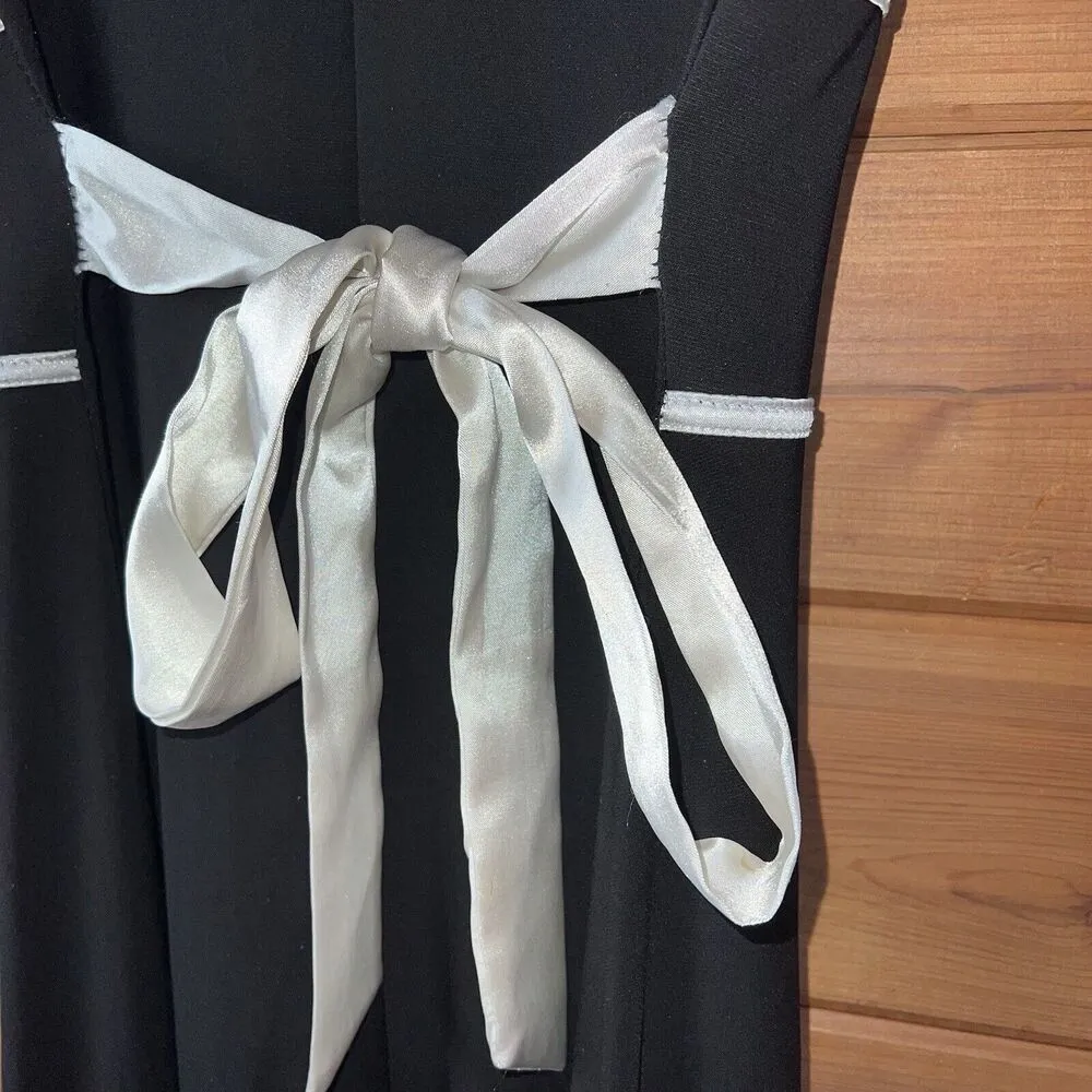 90s Y2K Taboo Black Mini Dress White Satin Piping & Waist Tie Medium - Image 6