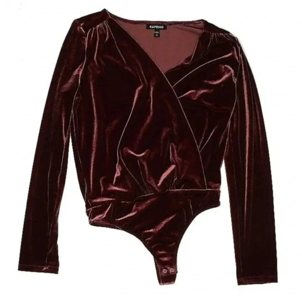 Express Red Wine Burgundy Deep V Neck Velvet Long Sleeve Bodysuit Size S Small - Image 2
