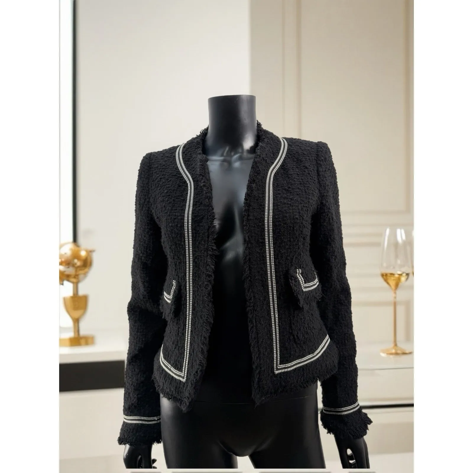 TRUE MEANING Black Tweed Jacket Women's Size 6 Wool Blend Open Front White Trim - Image 2