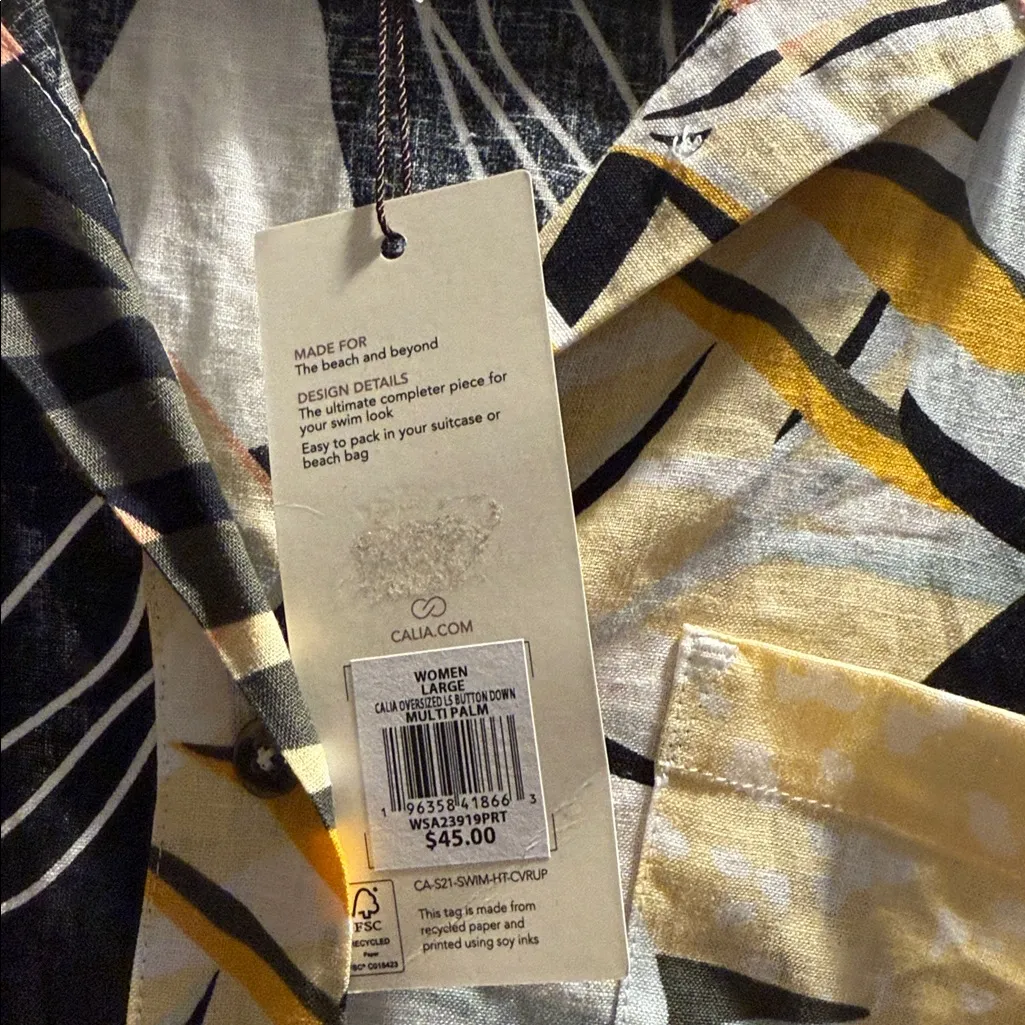 Calia Womens Palm Print Button Down Cover up Linen Shirt Size Large NWT - Image 4