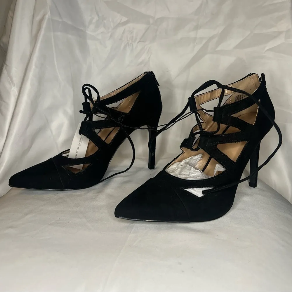 New York & Company Black Pointed Toe Strappy Lace Up Heels 8 - Image 3