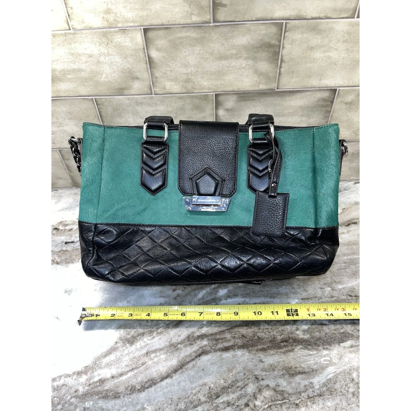 Aimee Kestenberg Emerald Green Calf Hair & Black Leather Crossbody Purse ToteNEW - Image 2