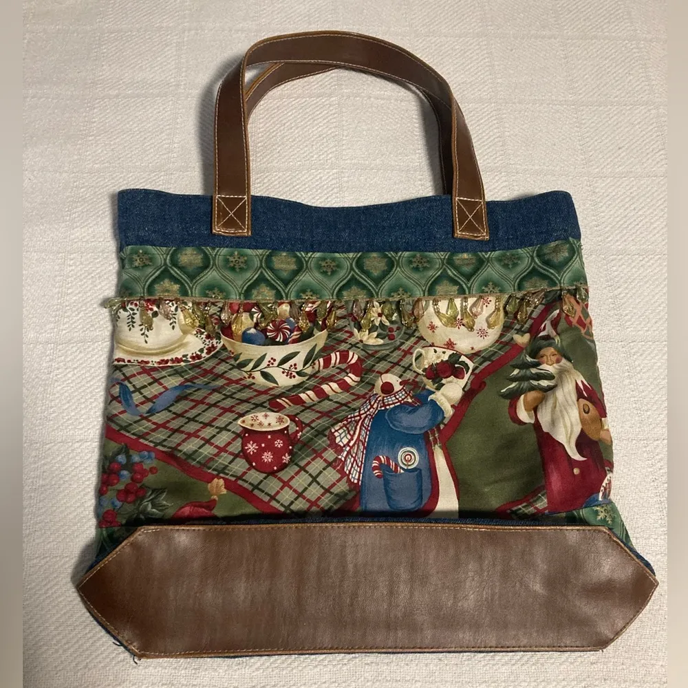 CHRISTMAS Santa Denim Tote Purse Bag with Beads Vintage Blue - Image 3