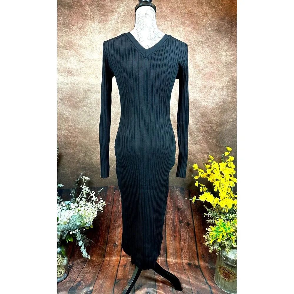 LITA By Ciara Icon Rib V Neck Cardigan Button Front Midi Dress Black M Size M - Image 12