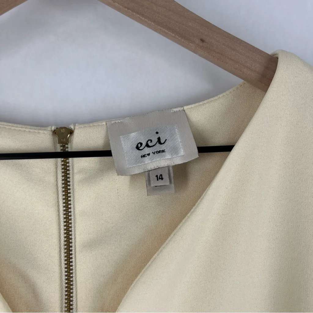 ECI New York Cream Metallic Shimmer Cap‎ Sleeve Sheath Dress V Neck Exposed Zip - Image 6