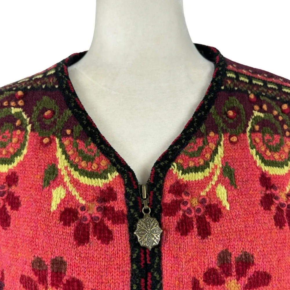Icelandic Design Full Zip Jacket Wool 3D Knit Textured Floral Vintage Lined L Size L - Image 3