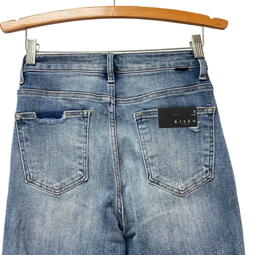 Risen High Rise Crop Flare size 5/27 Medium Wash Distressed Stretch - Image 9