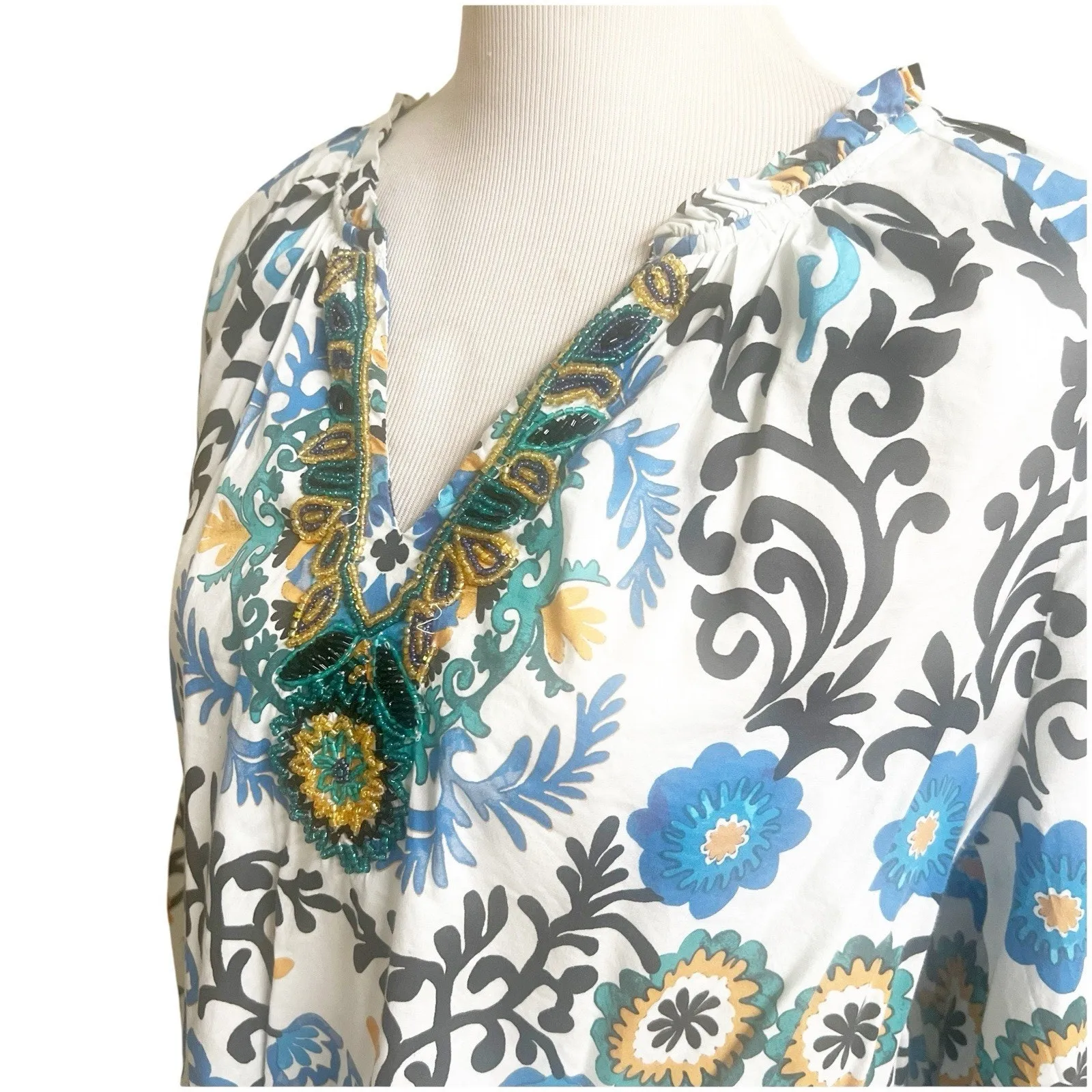 Soft Surroundings Beaded V- Neck Floral Peasant Top Long Sleeve Multicolor Large - Image 8