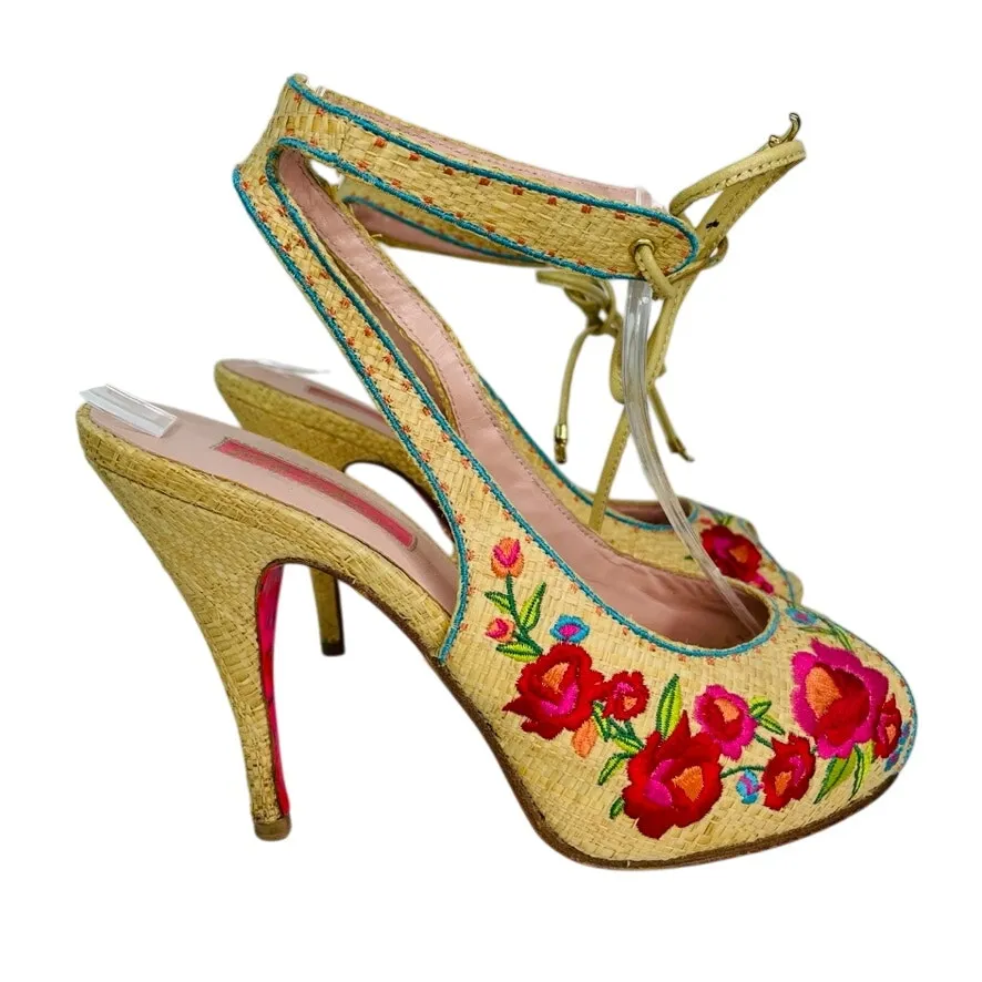 Betsey Johnson Floral Embroidered Peep Toe Heels Size 7 Ankle Wrap Tie - Image 7