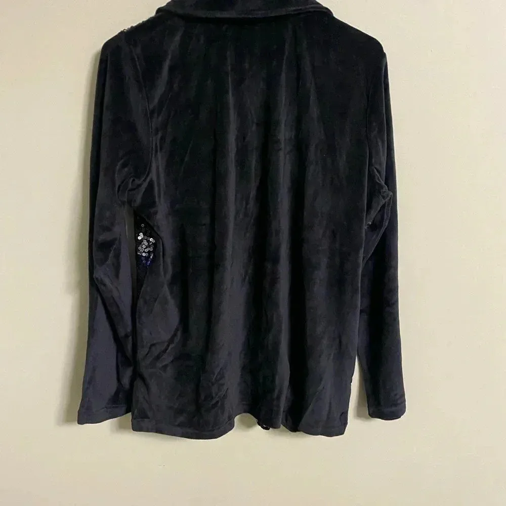 Quacker Factory Velour Zip Jacket Sequins Lace Size Medium Black Blue - Image 2
