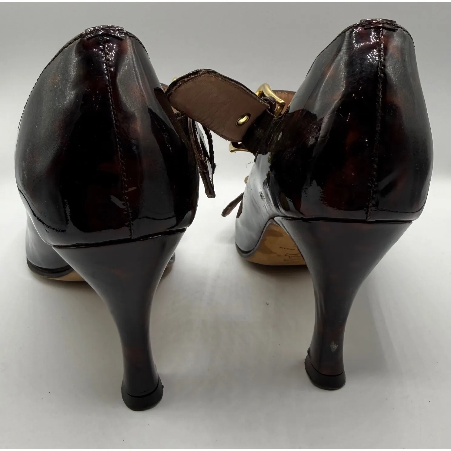 ANYI Lu Women 7 Floral Tortoise Shell Patent Leather Mary Jane Heels Vintage Brown - Image 5