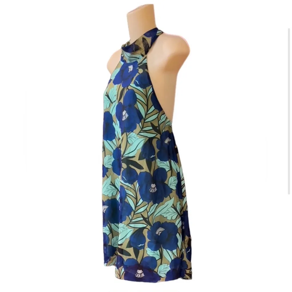 Judith March Indigo Poppy Halter Tie Neck Mini Dress Blue and Green Size Small - Image 10