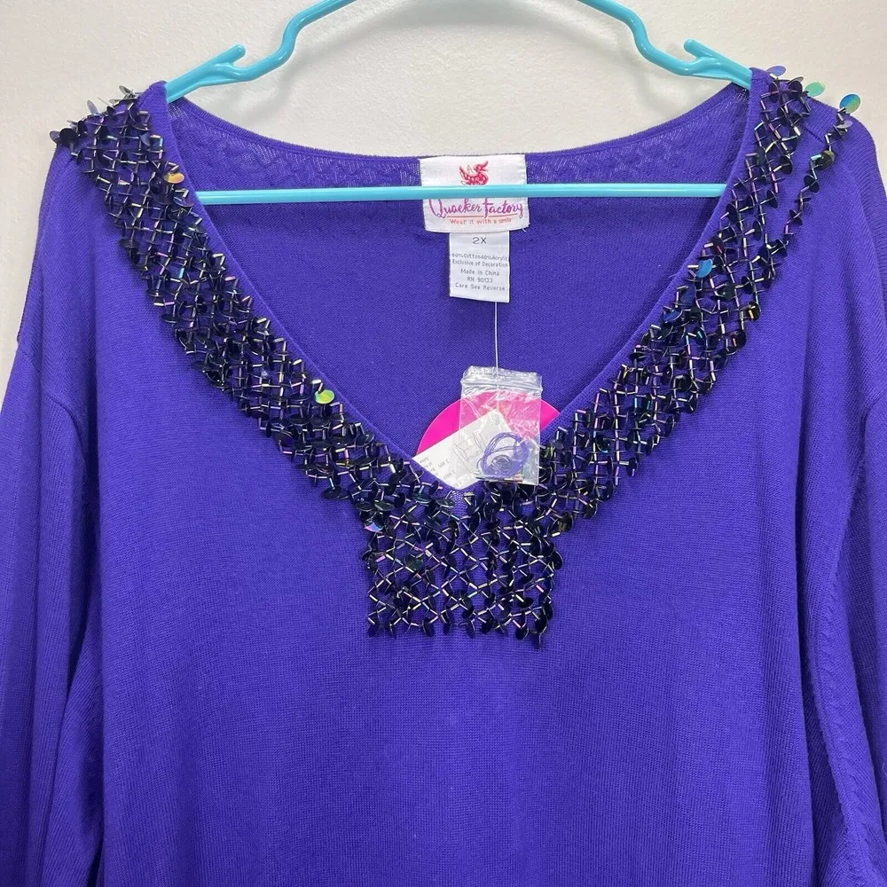 NWT Quacker Factory Purple Beaded Sequins Long Sleeve Knit Top Size 2X - Image 3