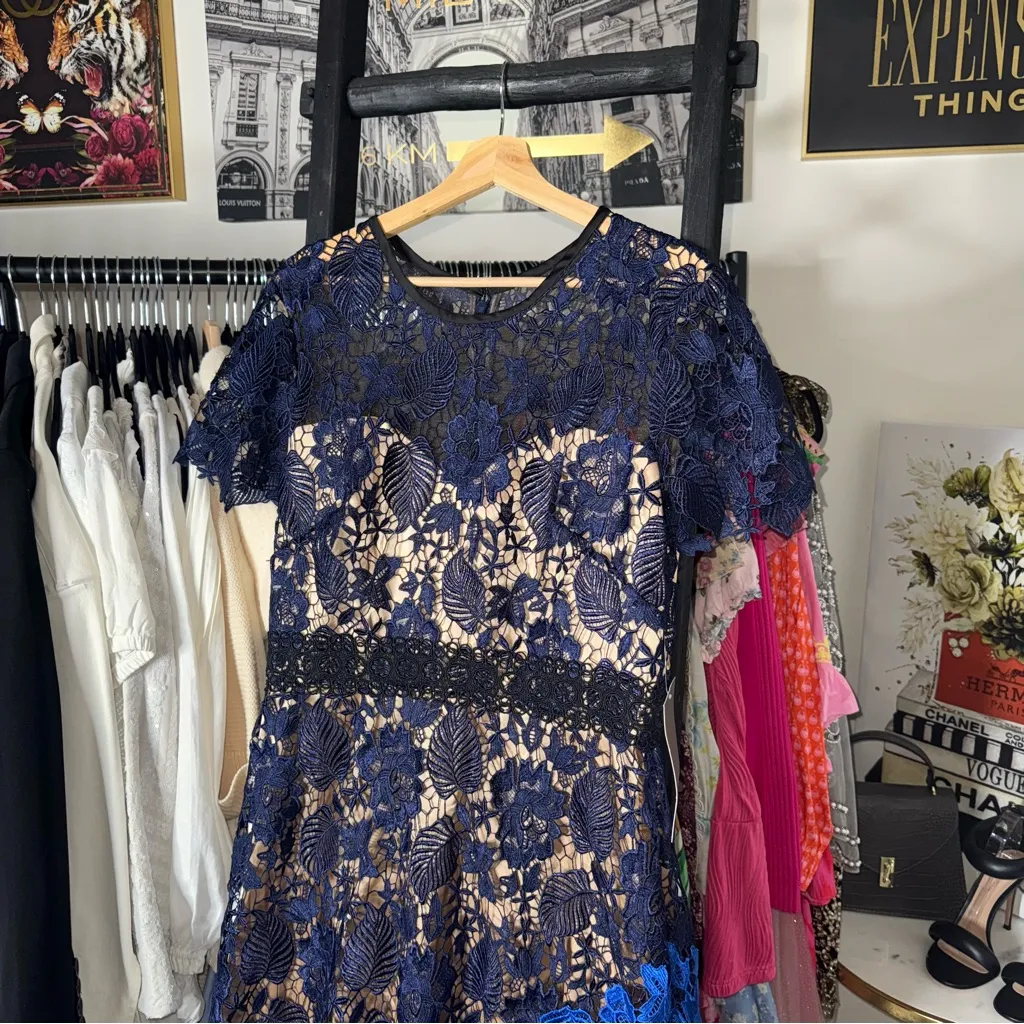 Theia Ultramarine Lace Midi Dress With Nude Lining Womens 14 New NWT Blue - Image 4