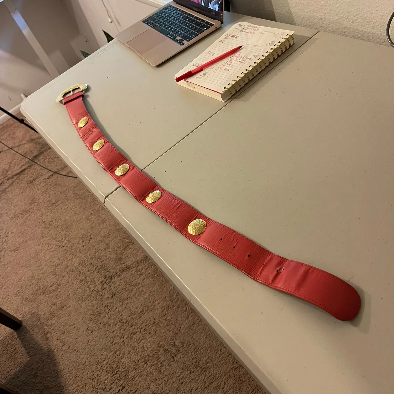 Carlisle Vintage Red Genuine Leather Gold Studded Chunky Buckle Belt Size XS/S - Image 9