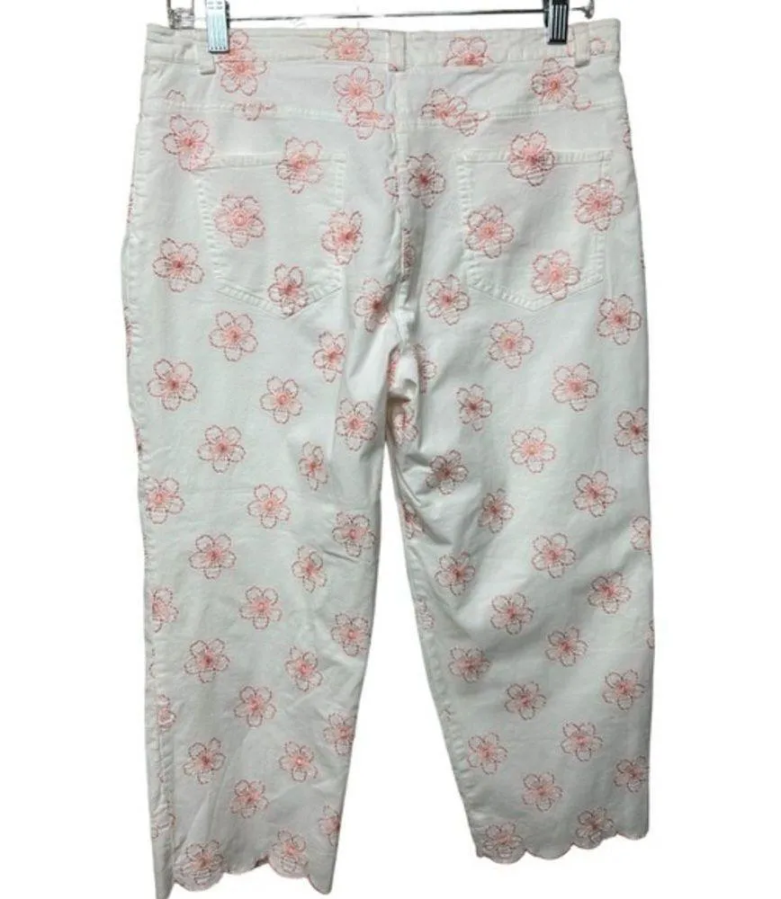 Tori Richard Honolulu High Rise Floral Pink Embroider Scallop Hem Capris Size 12 - Image 2