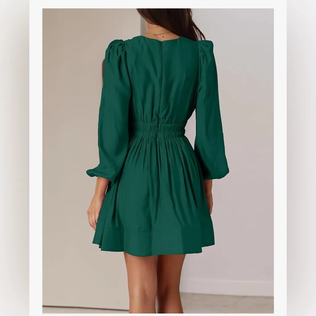 NEW Green Mini Deep V Long Sleeve Dress Flowy Dress Cocktail Wedding Guest XL - Image 2