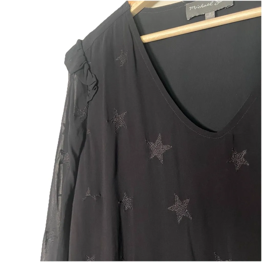MICHAEL STARS Embroidered Star Georgette Ruffle Shift Dress Size M Black ($178) - Image 3
