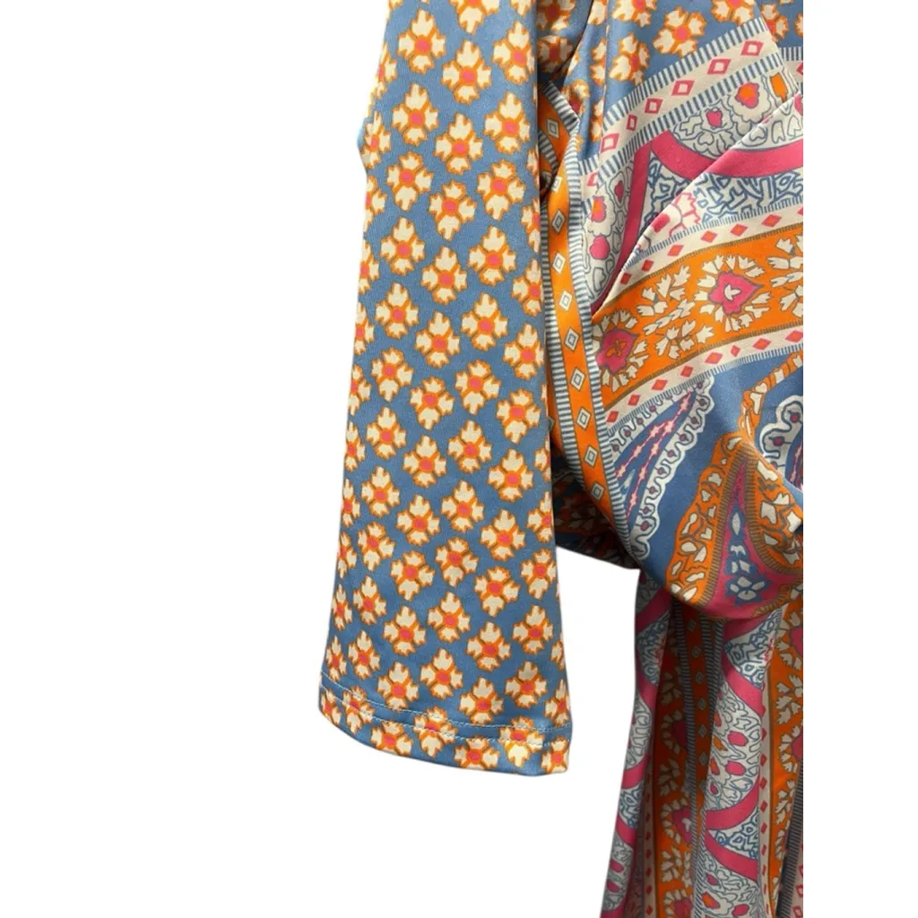 Gretchen Scott Size Medium Colorful 3/4 Sleeve Dress Split Neck Pink Blue Orange - Image 6