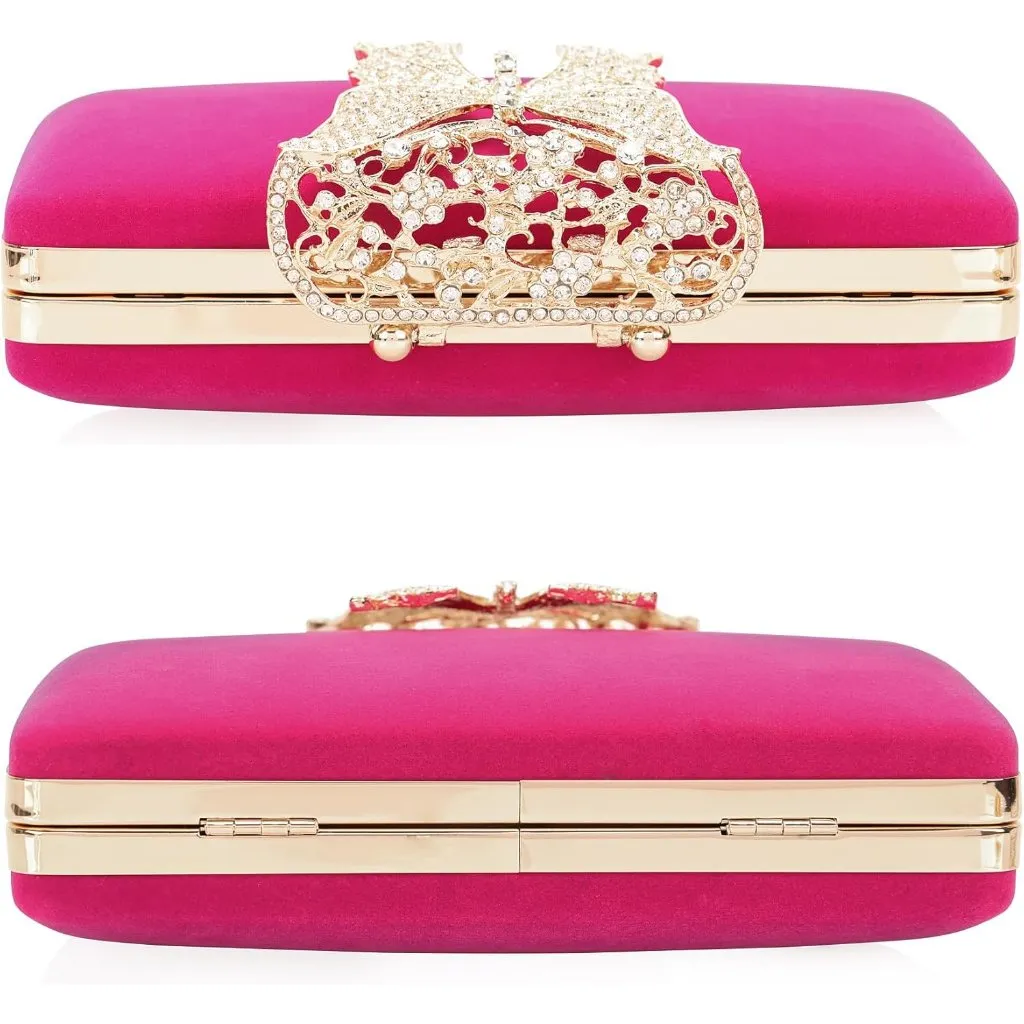 ⚡Women's Pink Velvet Fabric Butterfly Clasp Crystal Formal Party Clutch Bag - Image 2