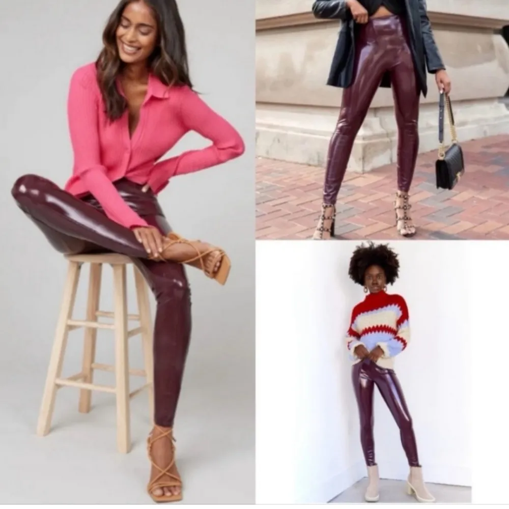 SPANXshape Faux Leather Patent Leggings Size Medium Ruby Burgundy Shiny - Image 6