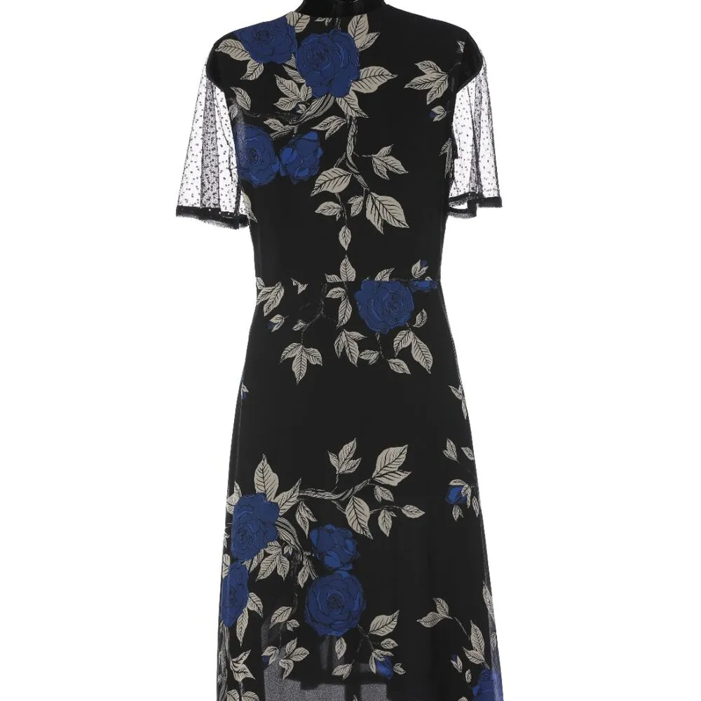 Jason Wu Black & Blue Rose Short Mesh Sleeve Dress - Image 4
