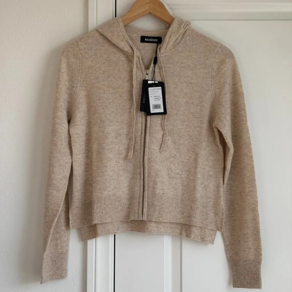 Naadam Signature Cashmere Cropped Zip Up Hoodie in Oatmeal, Size Small - Image 6
