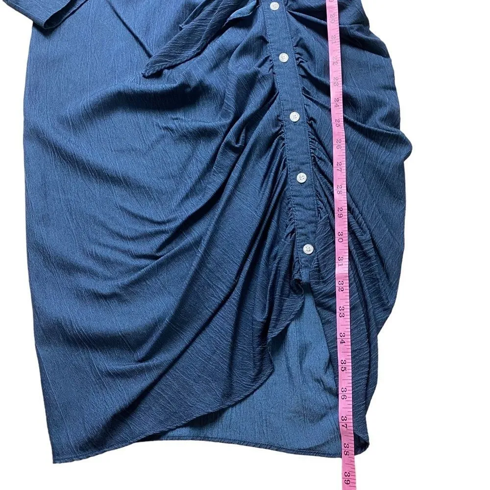 Allison Joy Blue Asymmetric Button Up Design Tie Waist Long Sleeve Dress - Image 9