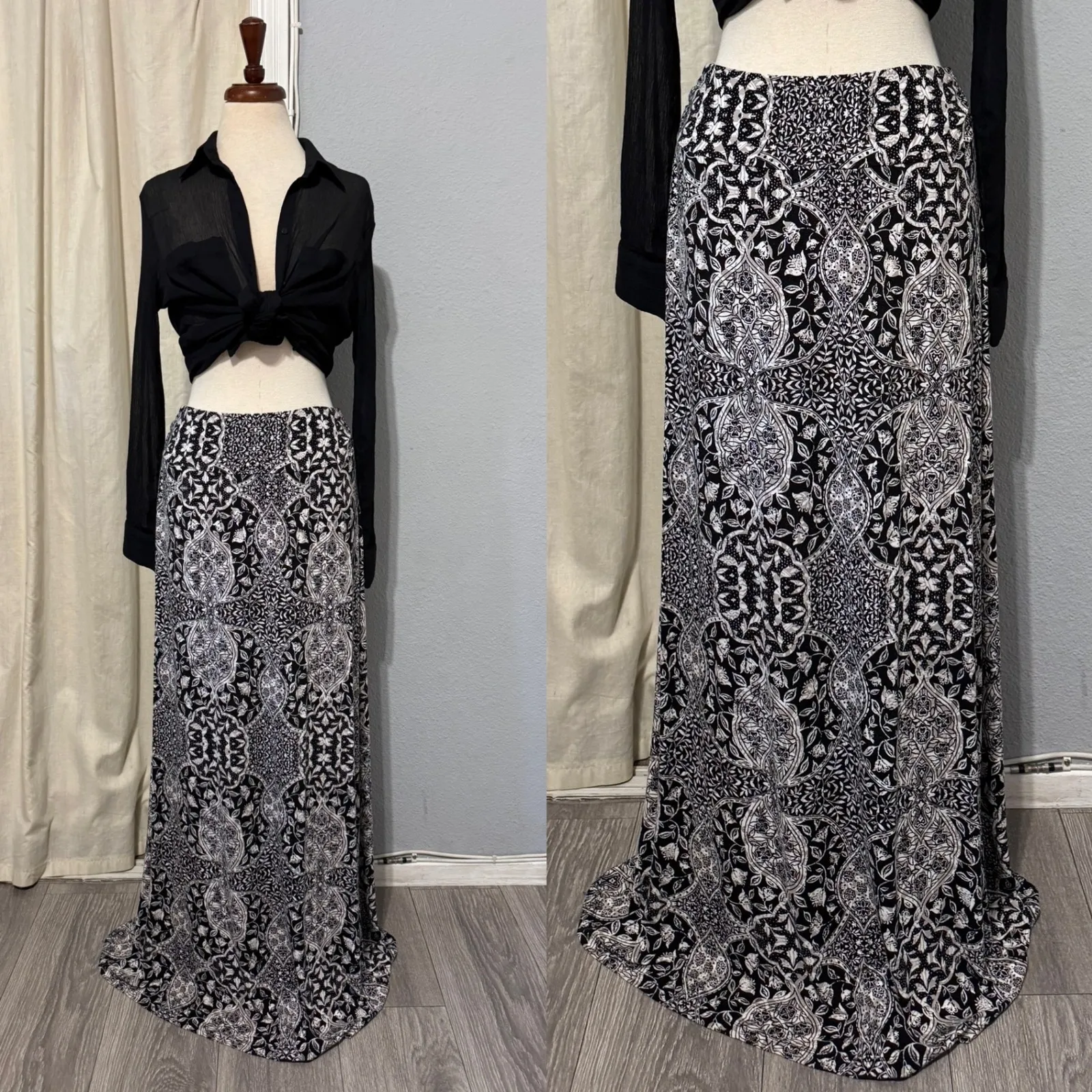 Artisan NY Black Paisley Print Maxi Skirt Boho Flowy Bohemian Vacation Resort M - Image 2
