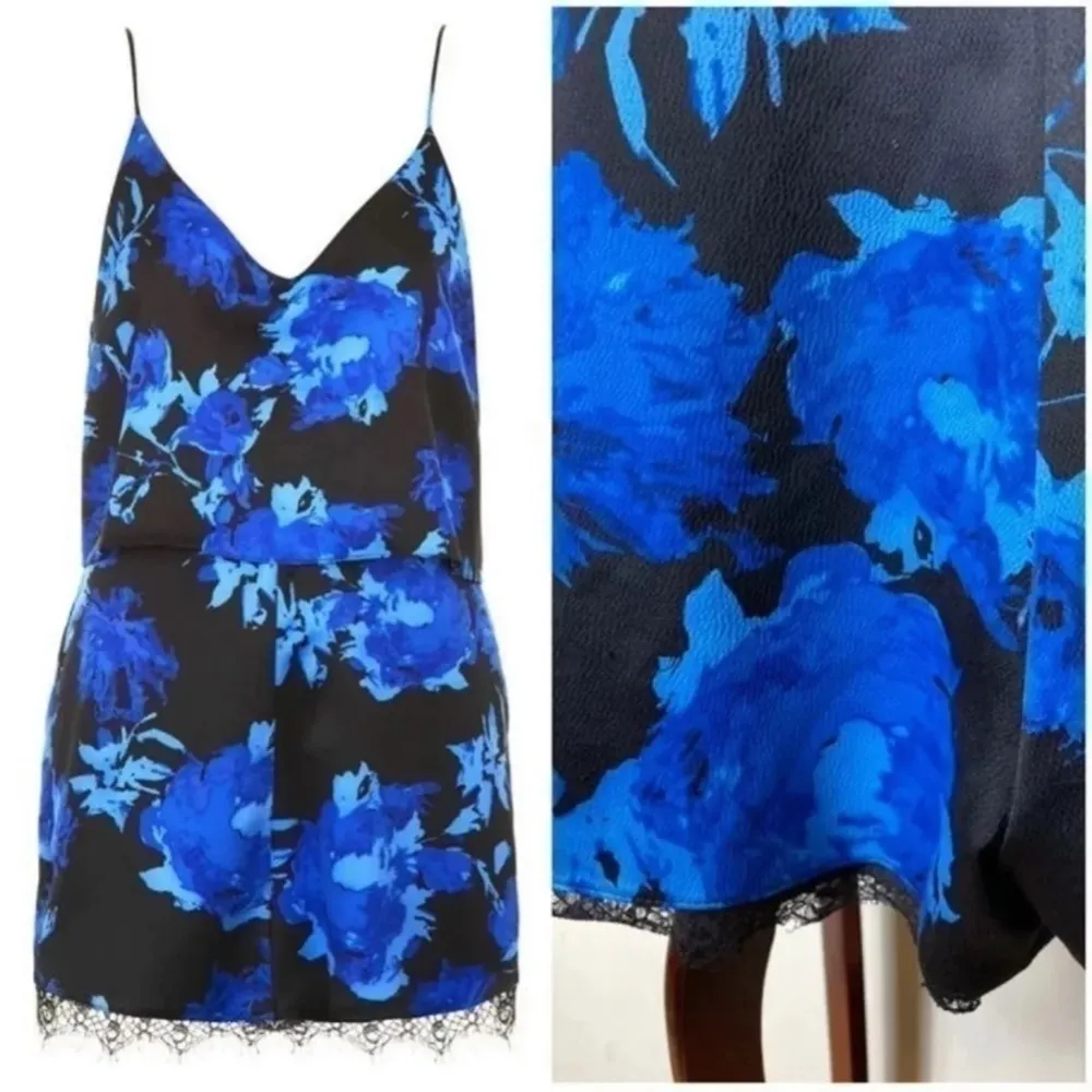 Topshop Blue Black Satin Floral Strappy Romper Playsuit Lace Hem Size 12 Large - Image 3