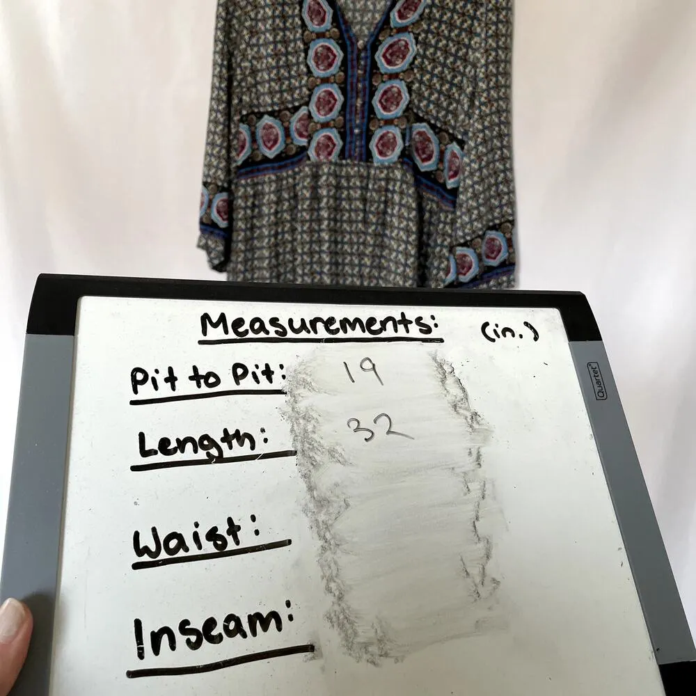 Umgee USA blue patterned flowy bell sleeves midi length dress women's L v-neck - Image 7