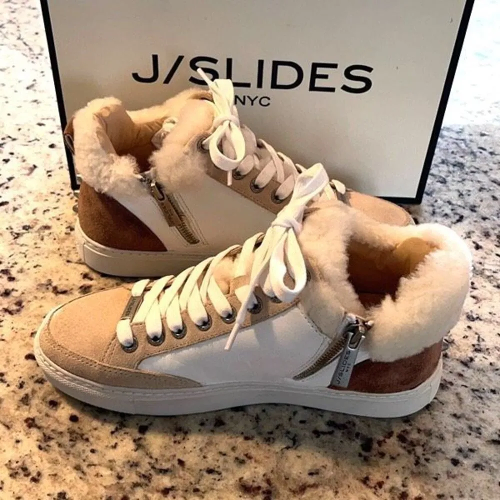 J/Slides Leslie Sheep‎ Hair Trimmed Leather Sneaker Shoes Size 6 Tan White - Image 8